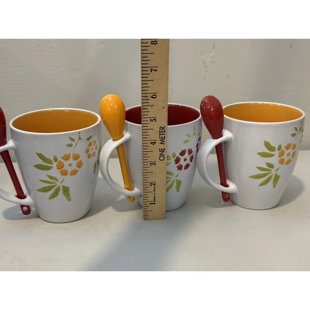Lot Of 3 Pier 1 Stoneware Coffee Mugs 14 oz  with Spoons Fowers Hand painted
